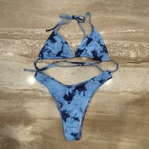 Sexy Blue Marble Swirl Bikini -‎ String top Cheeky Bottoms - Small